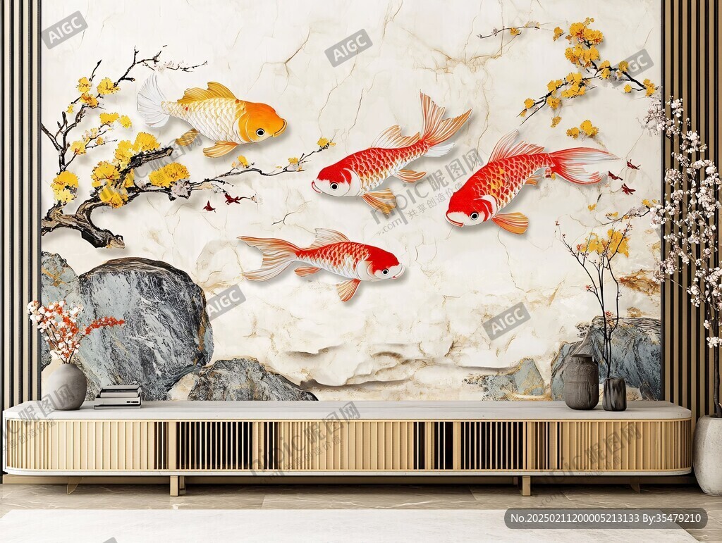 現(xiàn)代屏風(fēng)鯉魚圖