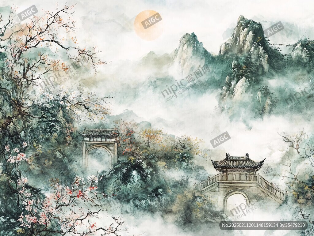 插畫橫店水彩水墨山水
