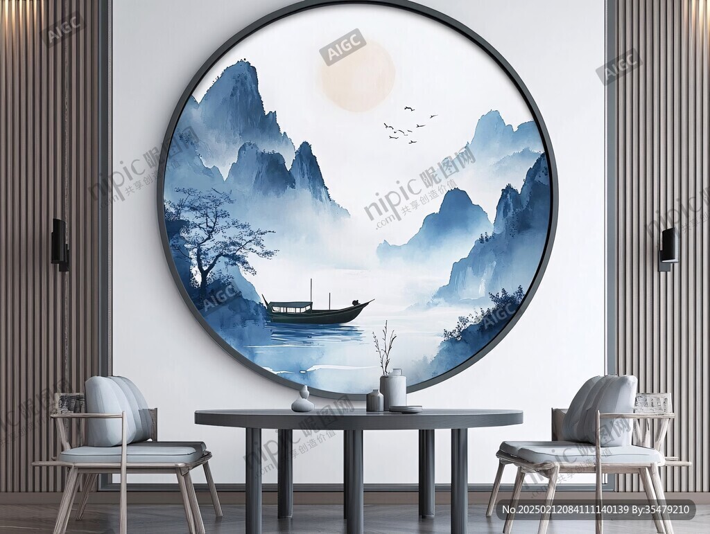 新中式圓框山水畫