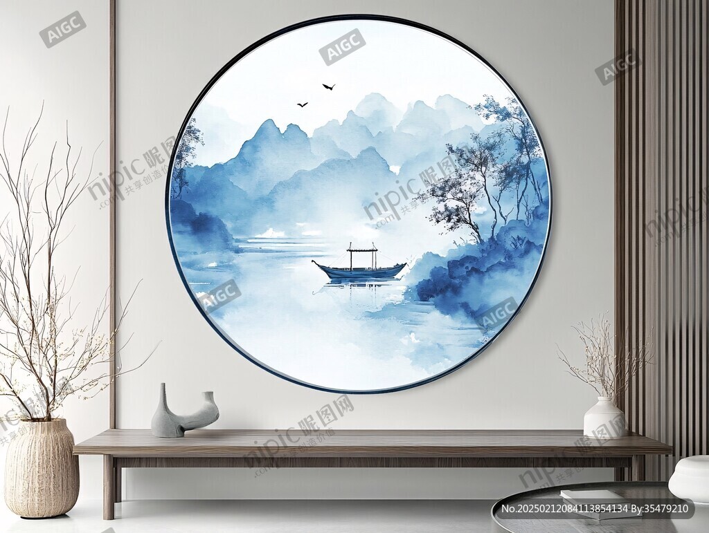 禪意山水圓形掛畫框畫