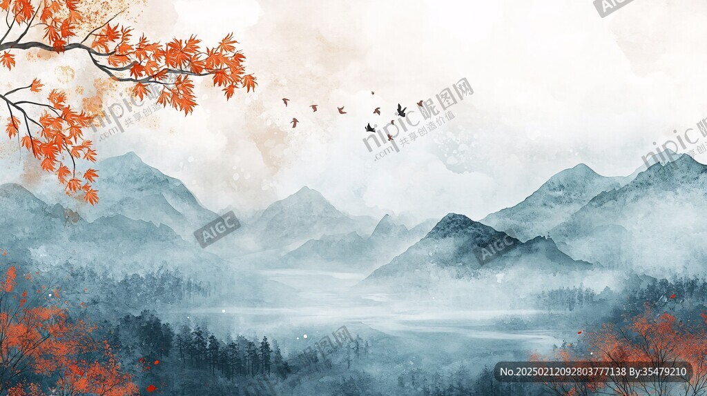 紅葉古風(fēng)山水畫