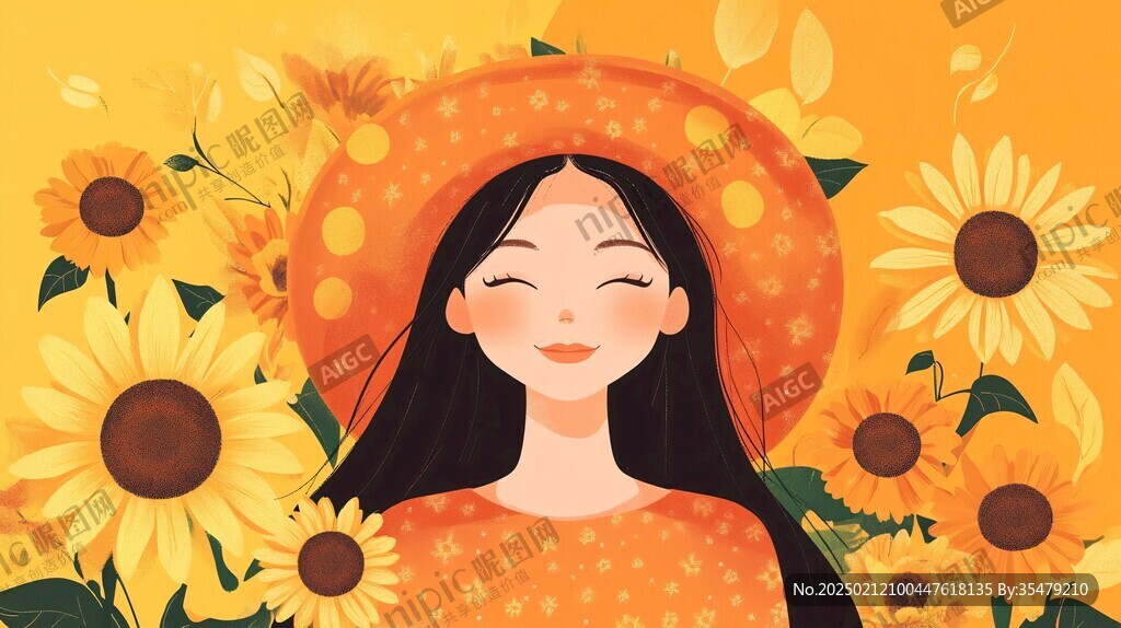 女孩捧花微笑插畫