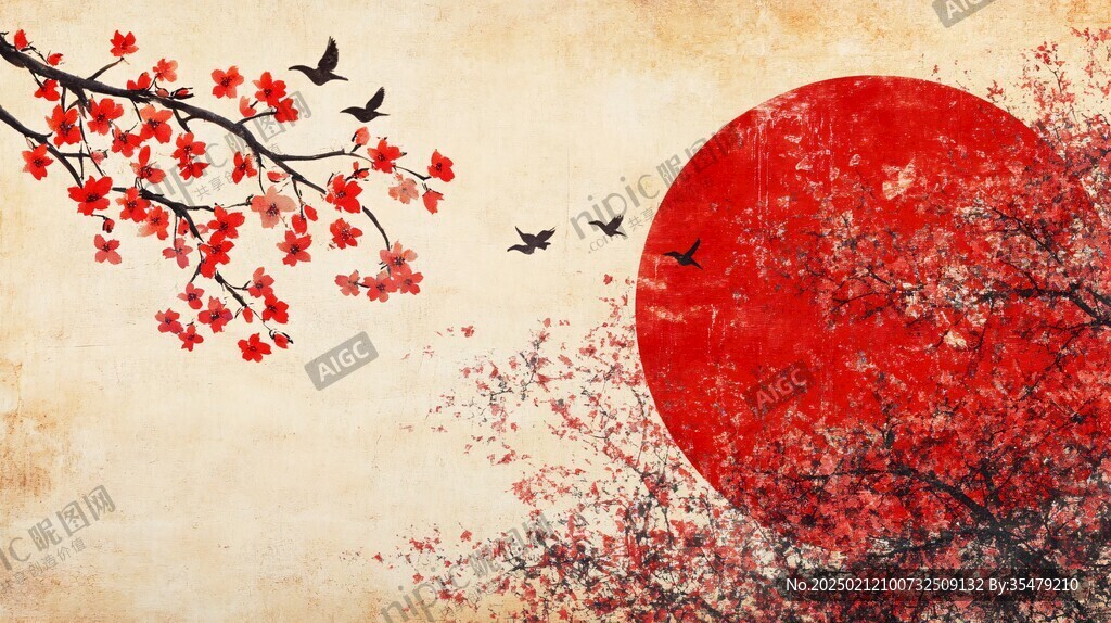 新中式紅葉花鳥畫