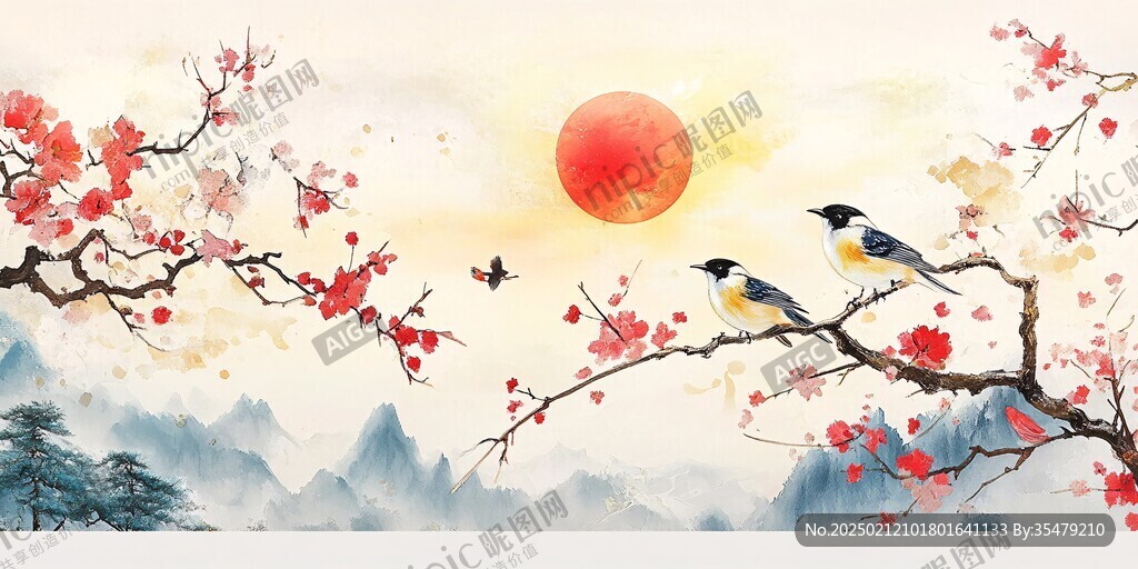 紅葉花鳥寫意山水