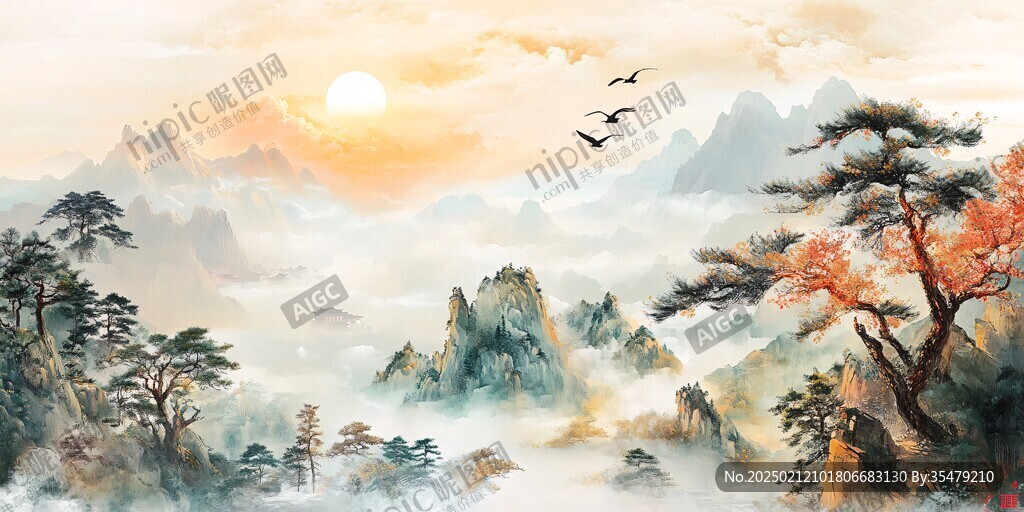 迎客松意境山水畫