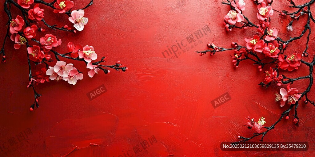工筆手繪紅墻梅花