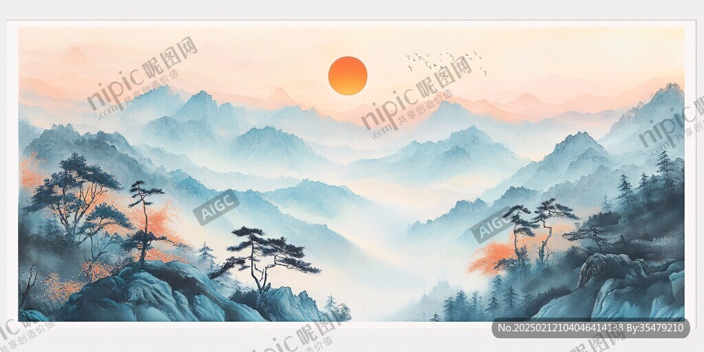 迎客松水墨寫意山水畫