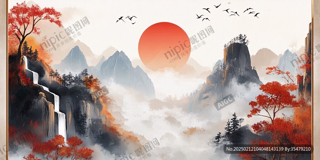 新中式潑墨紅葉山水畫
