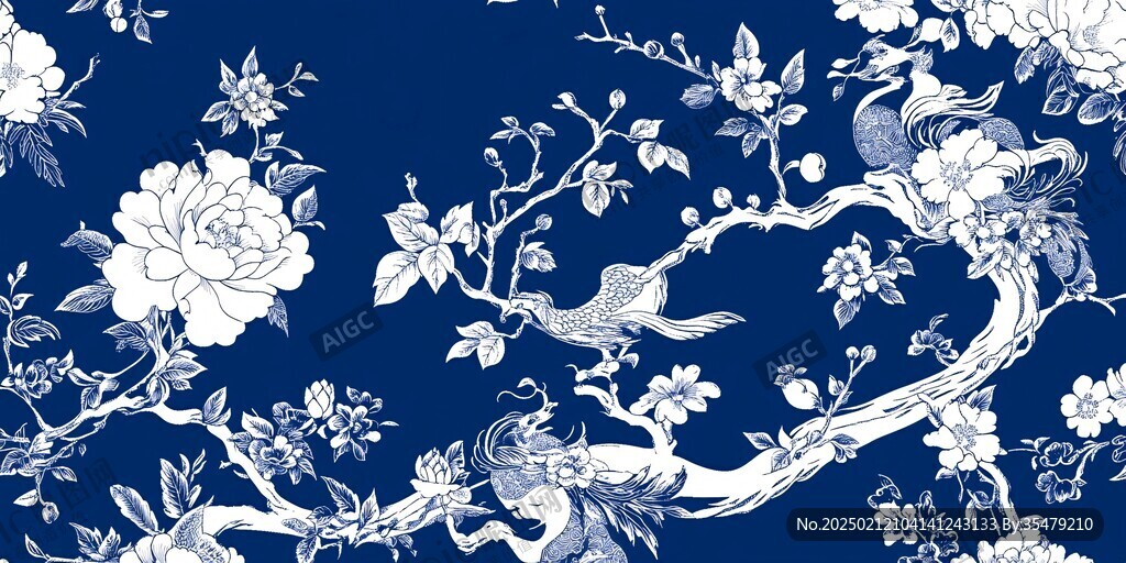 藍(lán)印花花鳥紋面料