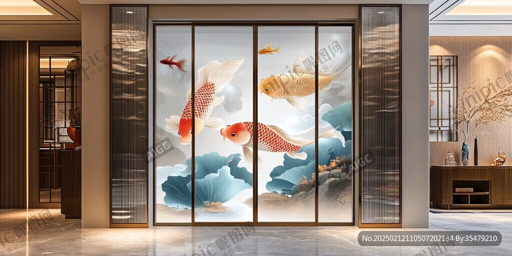 現(xiàn)代屏風(fēng)鯉魚(yú)圖