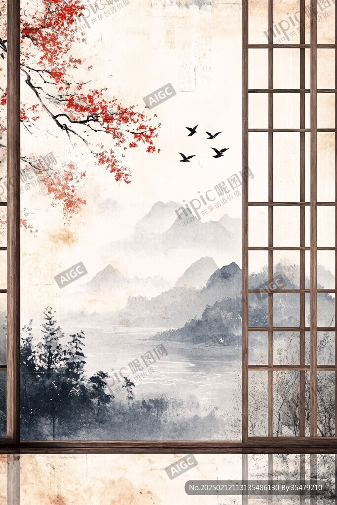 古風(fēng)窗格山水畫