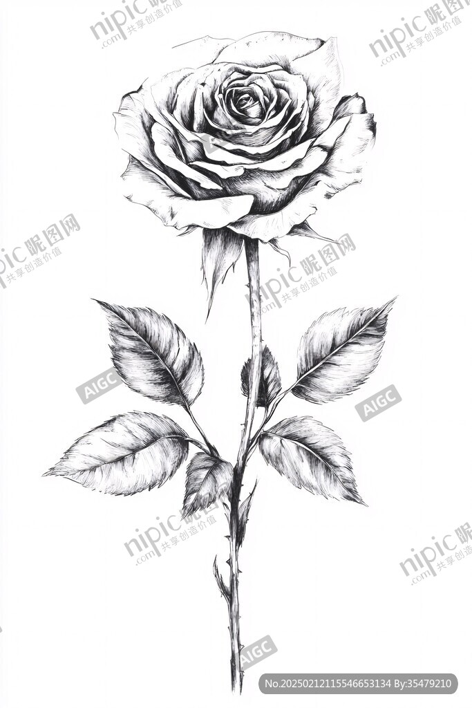 玫瑰花黑白線描畫