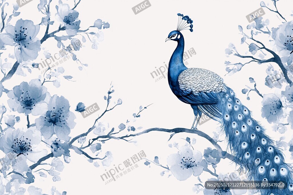 梅花花鳥背景墻藍(lán)鵲