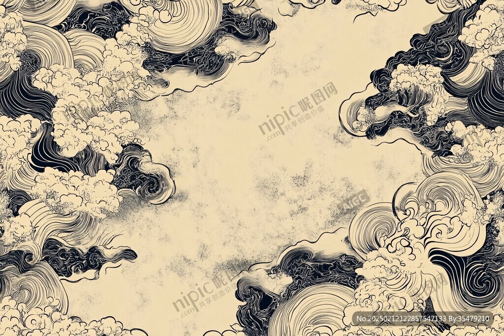 海浪仙鶴云紋中式背景