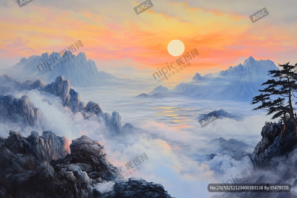遠(yuǎn)山朝霞油畫