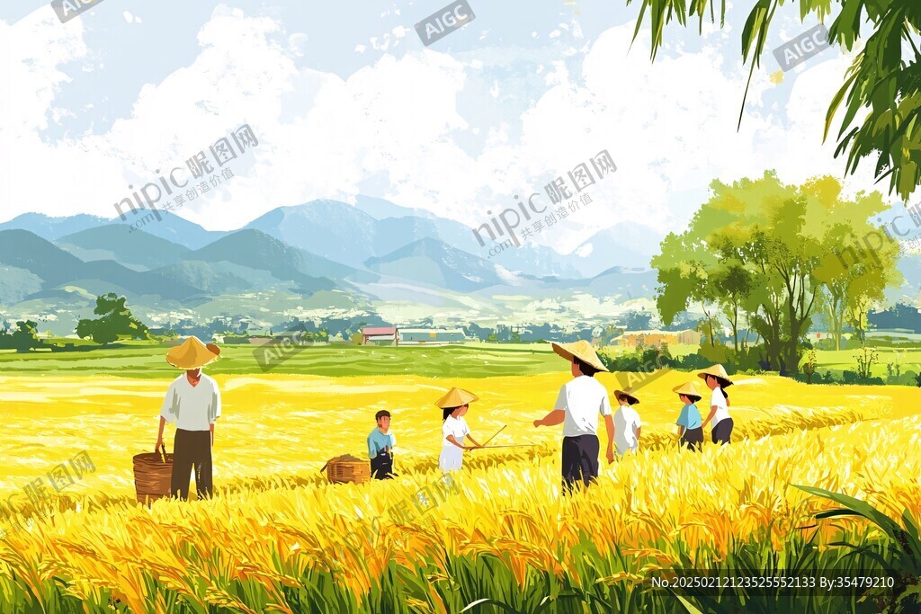 收割青稞插畫