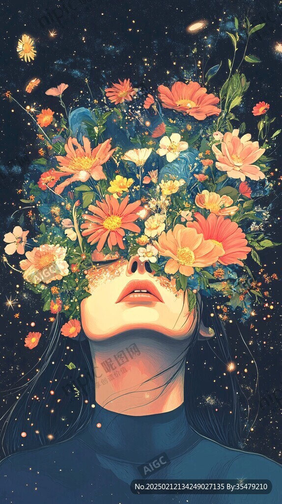 少女與花插畫