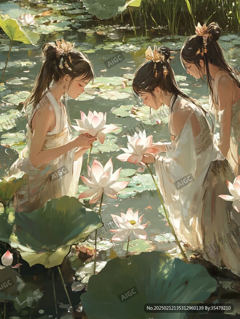 仲夏風荷塘侍女