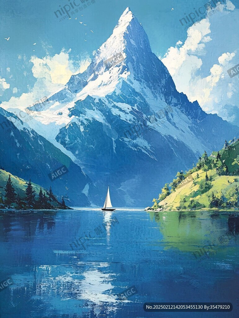 插畫山水湖
