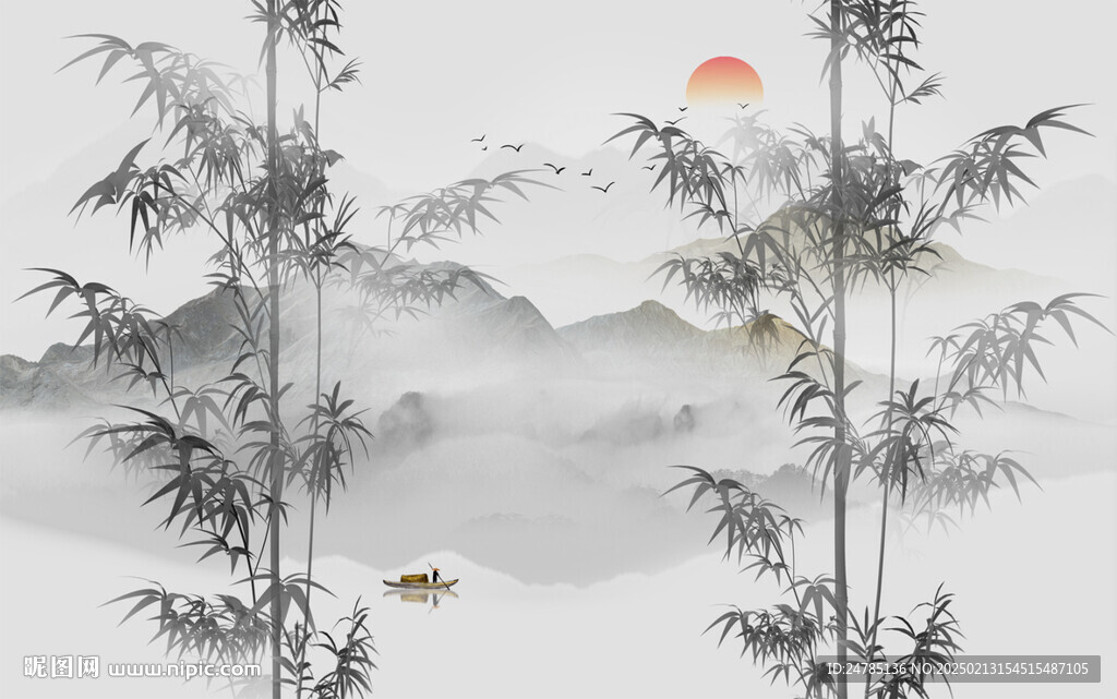 新中式水墨竹子山水背景