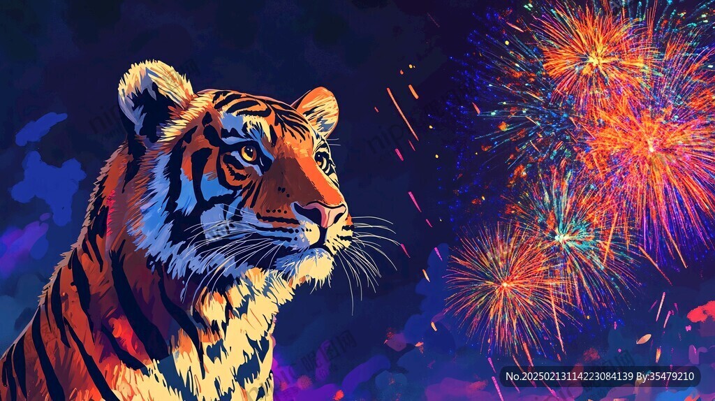 煙花虎年插畫
