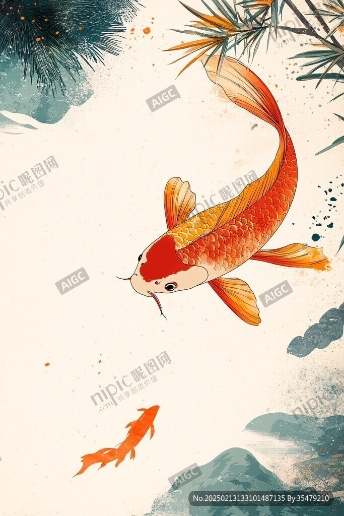 禪意招財鯉魚插畫