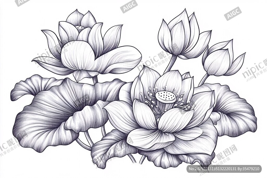 手繪黑白線描荷花