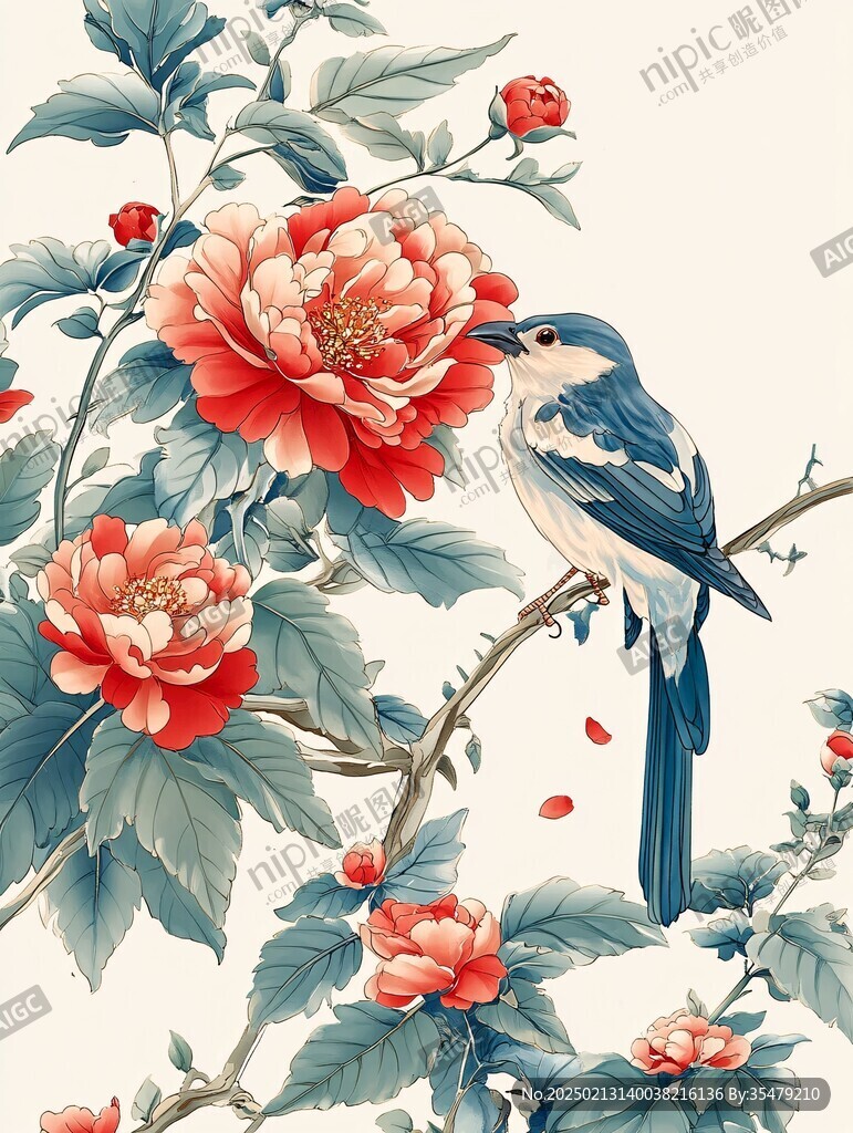 古風牡丹花鳥