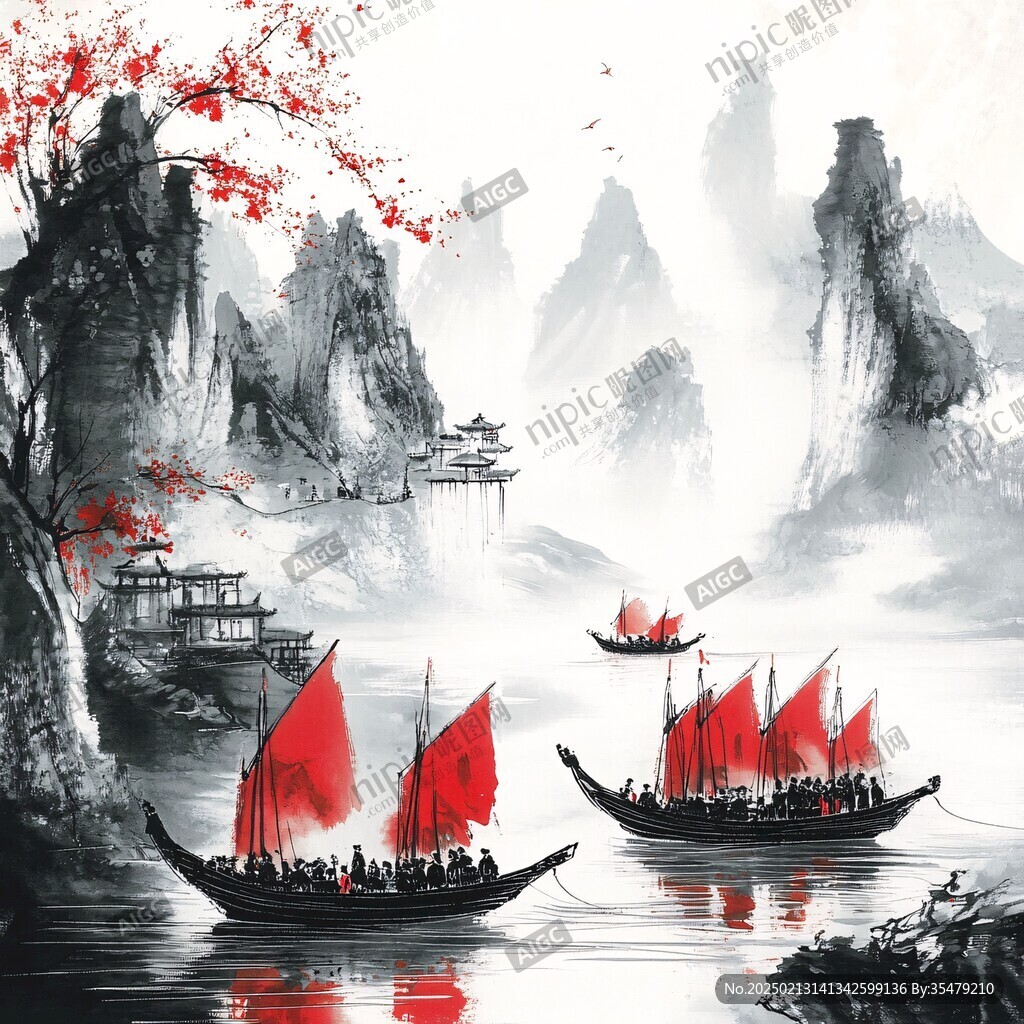 水墨山水畫帆船