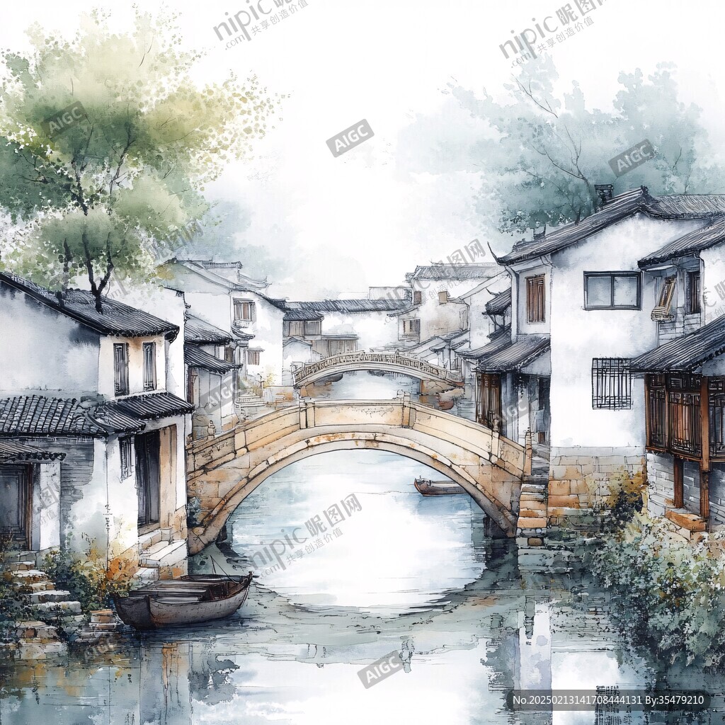 江南小鎮水彩