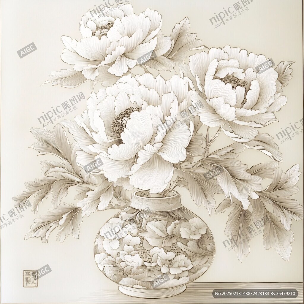 牡丹花雕刻圖