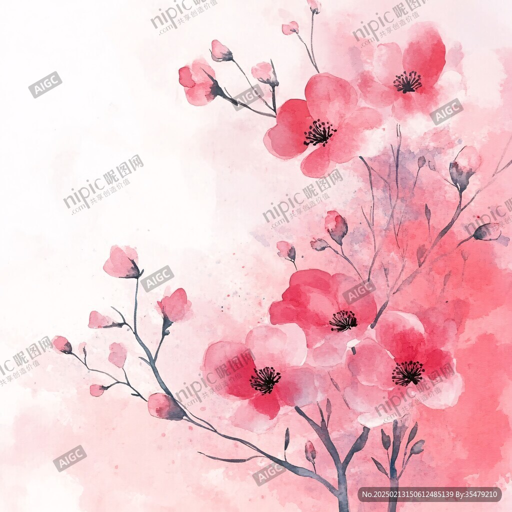 手繪水彩映山紅插畫