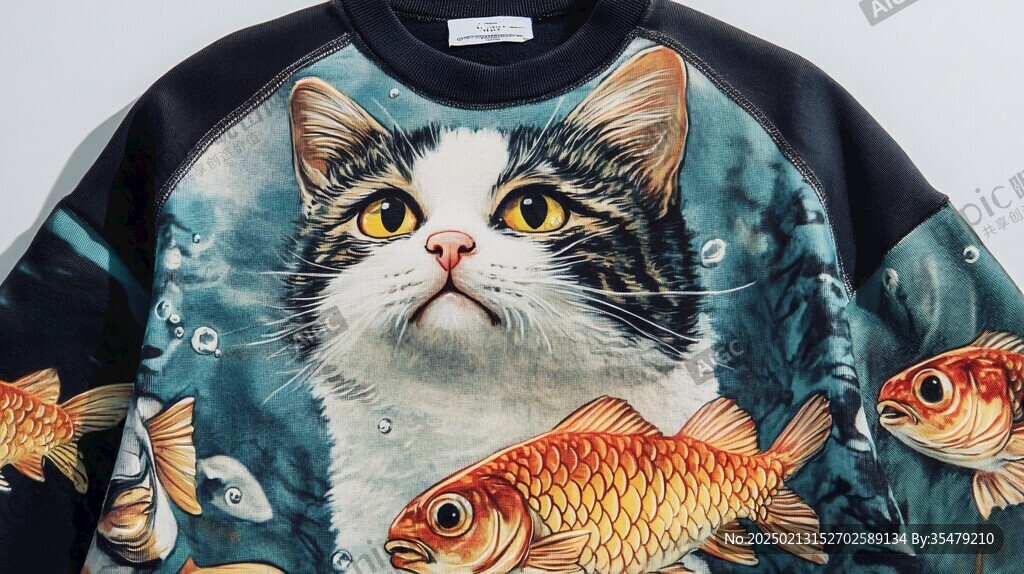 貓咪抱魚印花圖案