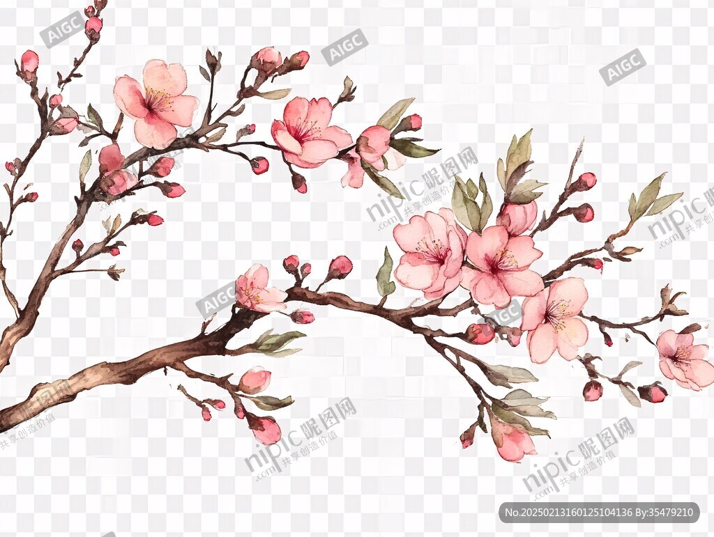 手繪桃花桃枝桃樹(shù)