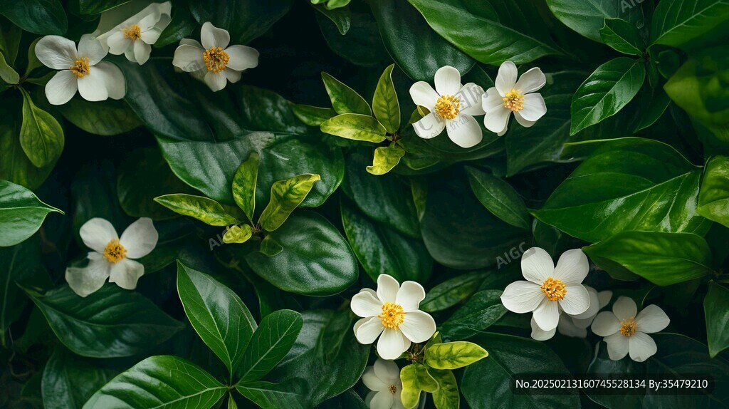 綠葉白花壁紙
