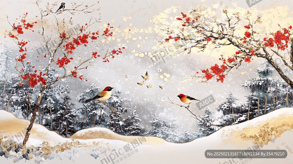 新中式紅葉花鳥畫