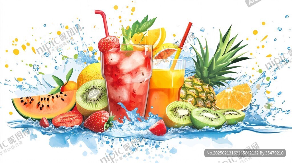 暑期飲品水果插畫