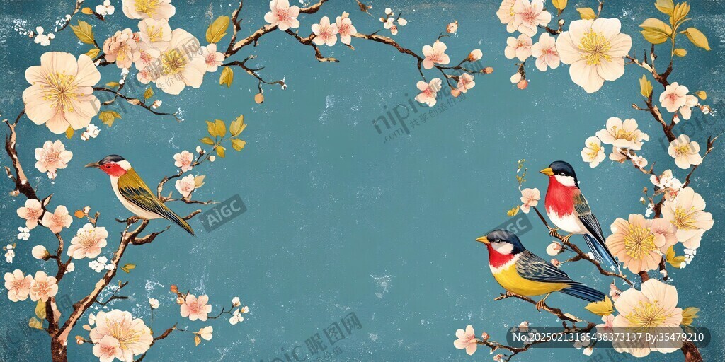 藍(lán)調(diào)花鳥樹枝背景