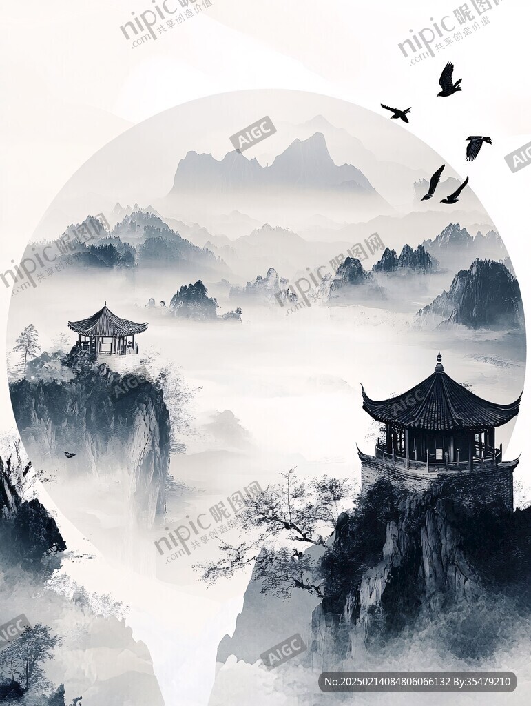 新中式樓閣山水