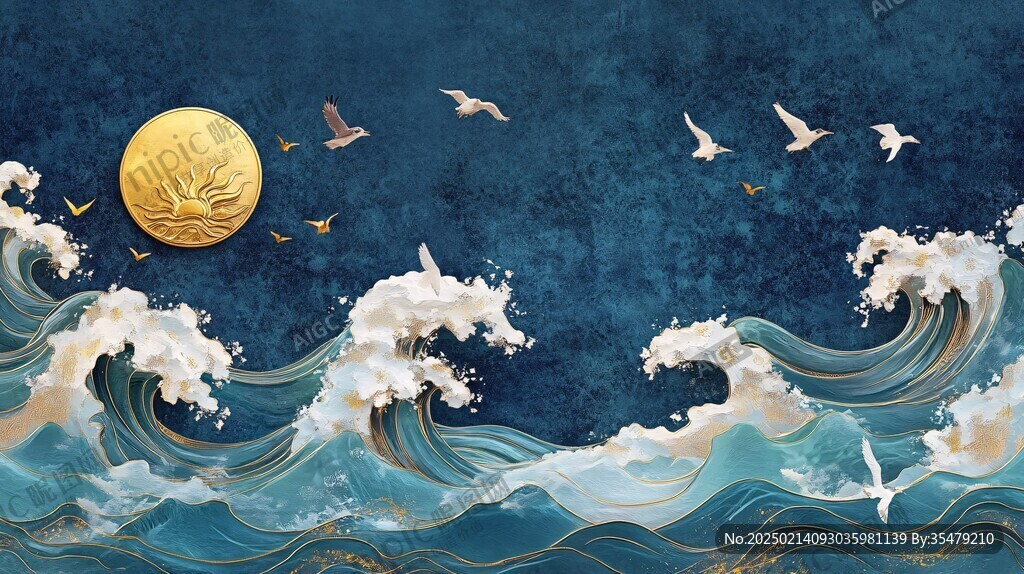 海浪仙鶴云紋中式背景