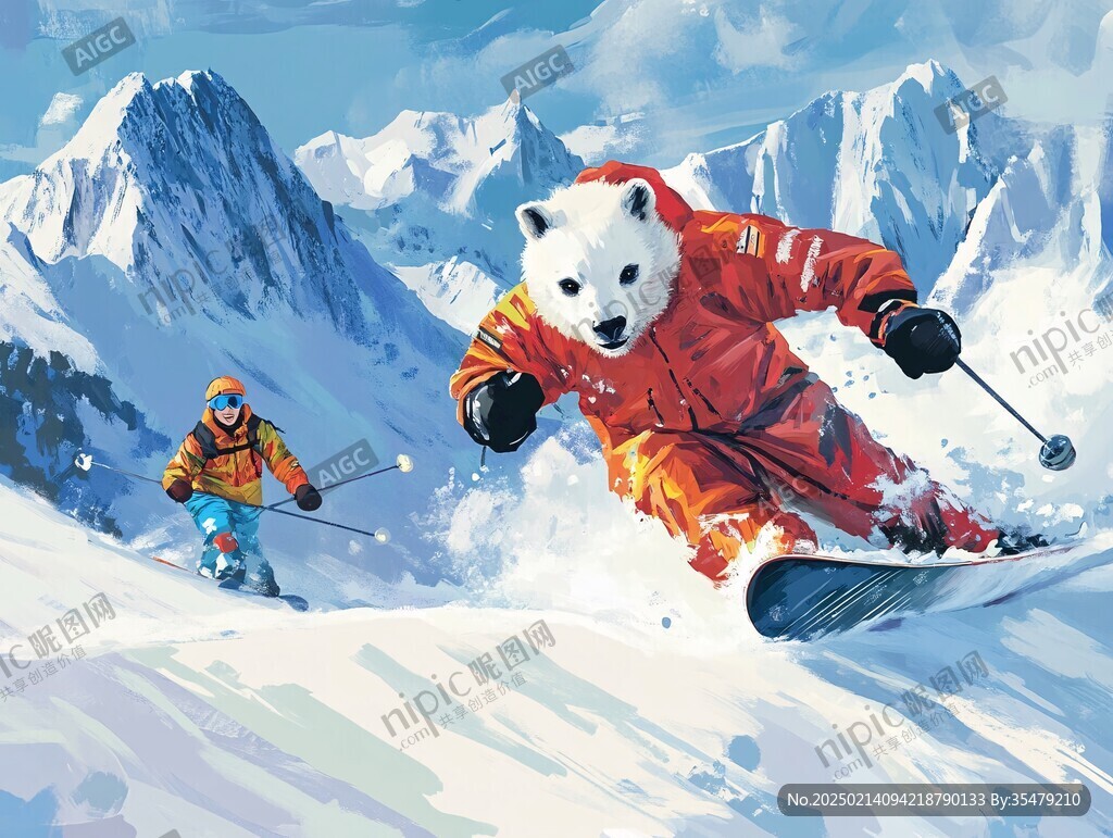 手繪滑雪的熊貓插畫