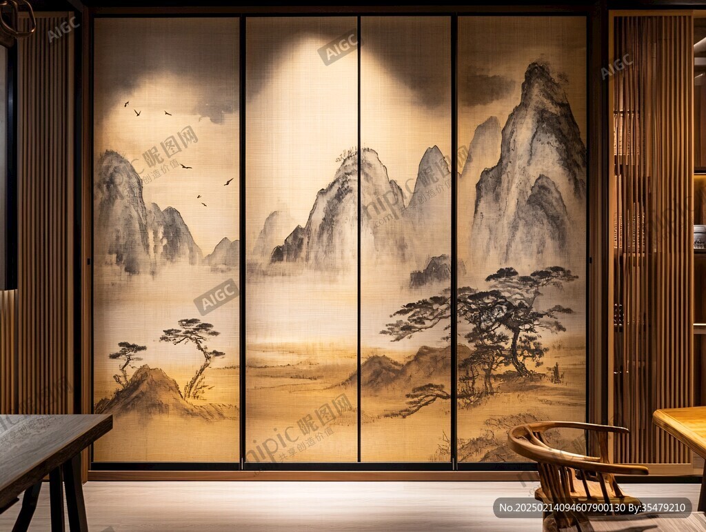 中式山川意境墻紙窗簾