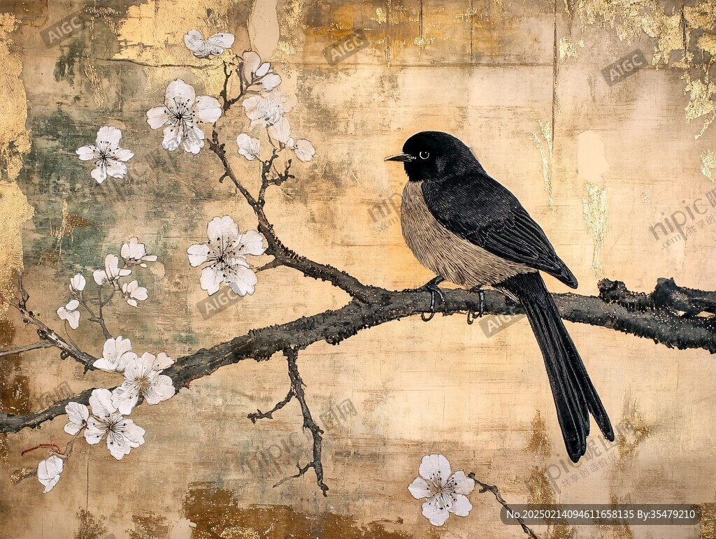 梅花花鳥背景墻藍鵲