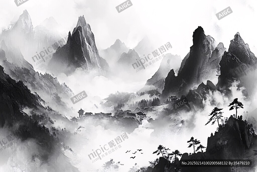 黑白意境水墨山