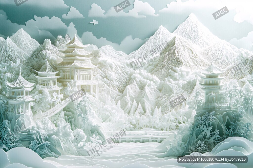 炫彩漸變山水古建插畫