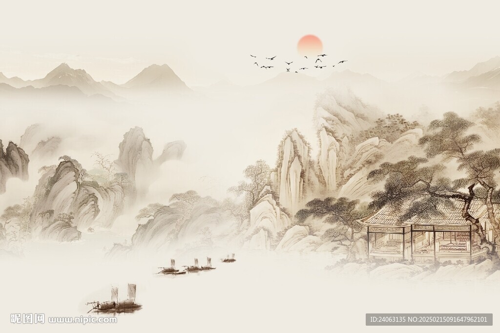中式山水屏風(fēng)畫
