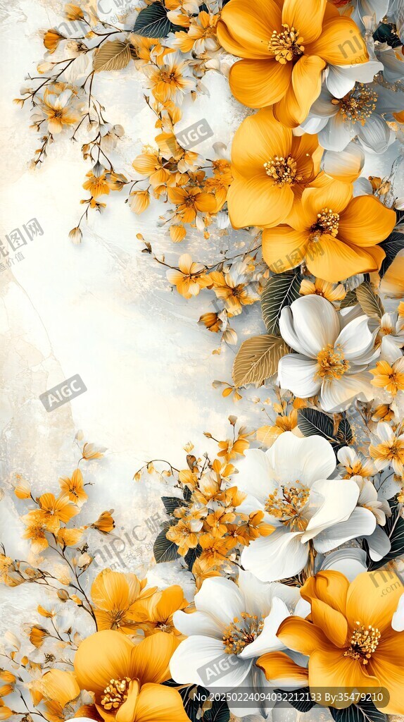 橙白花卉壁畫