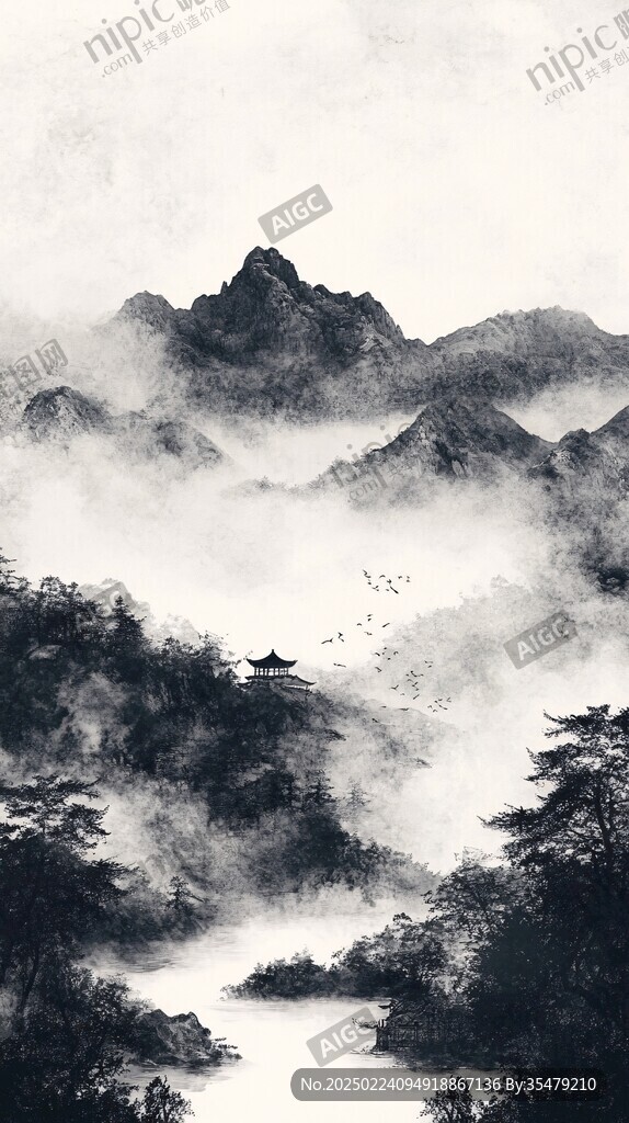 豎版水墨畫遠(yuǎn)山煙霧