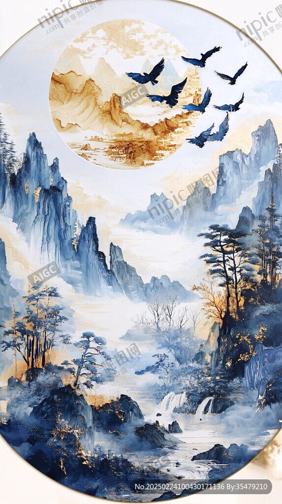 圓形山水裝飾畫背景