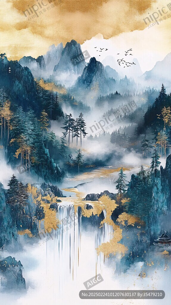 金色山水禪意裝飾畫
